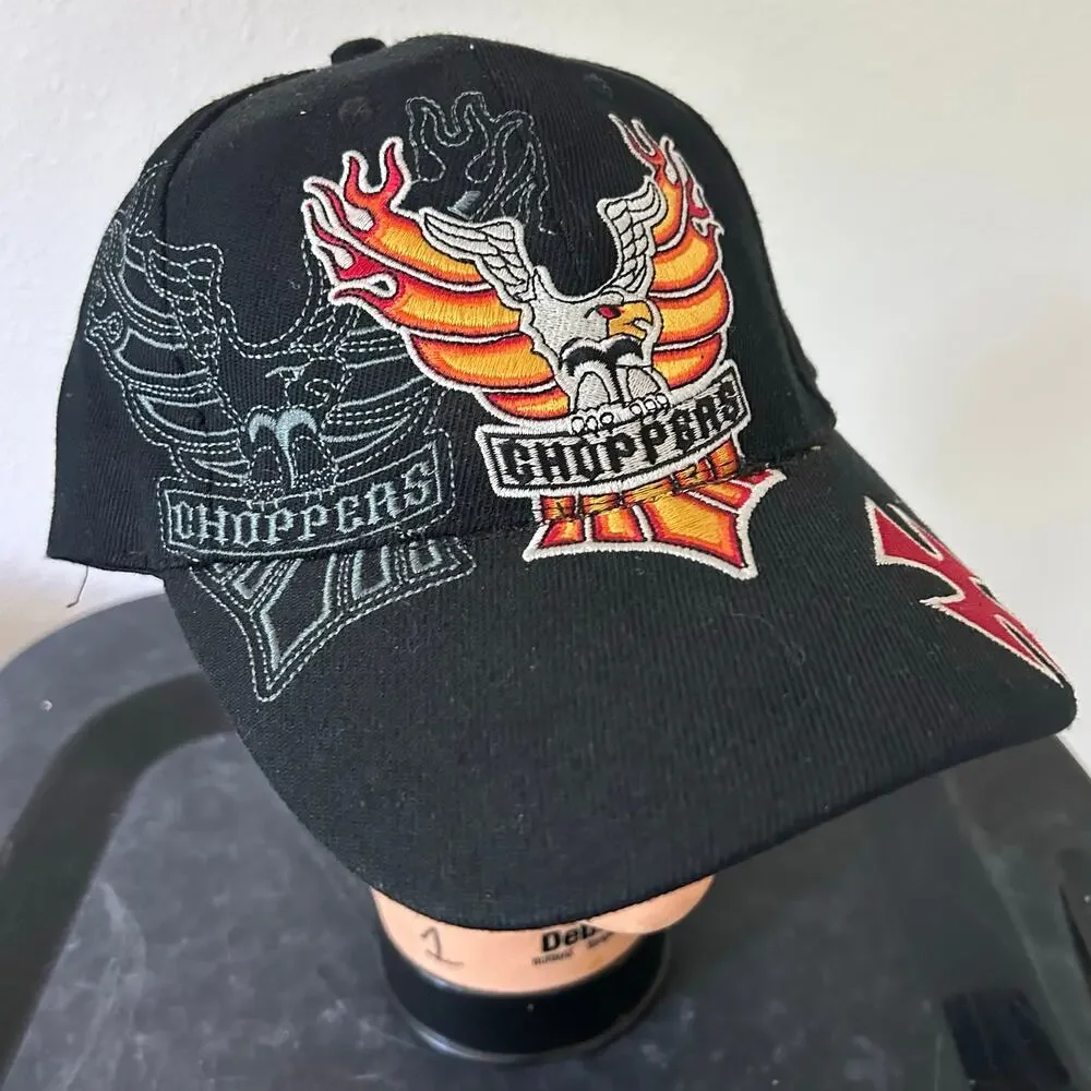 Y2K Black Choppers Eagle Flame Graphic Baseball Cap biker skater moto One Size
